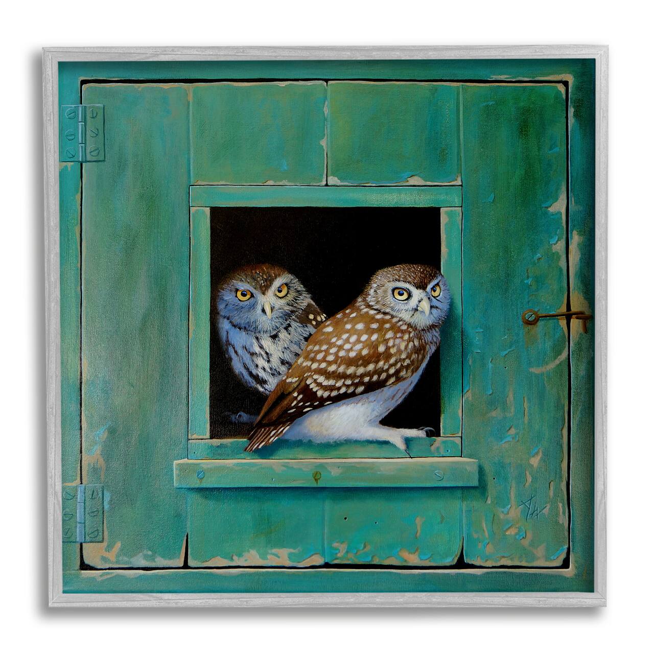 Stupell Industries Spotted Owls Perched Rustic Green Door Ledge Framed Giclee Art